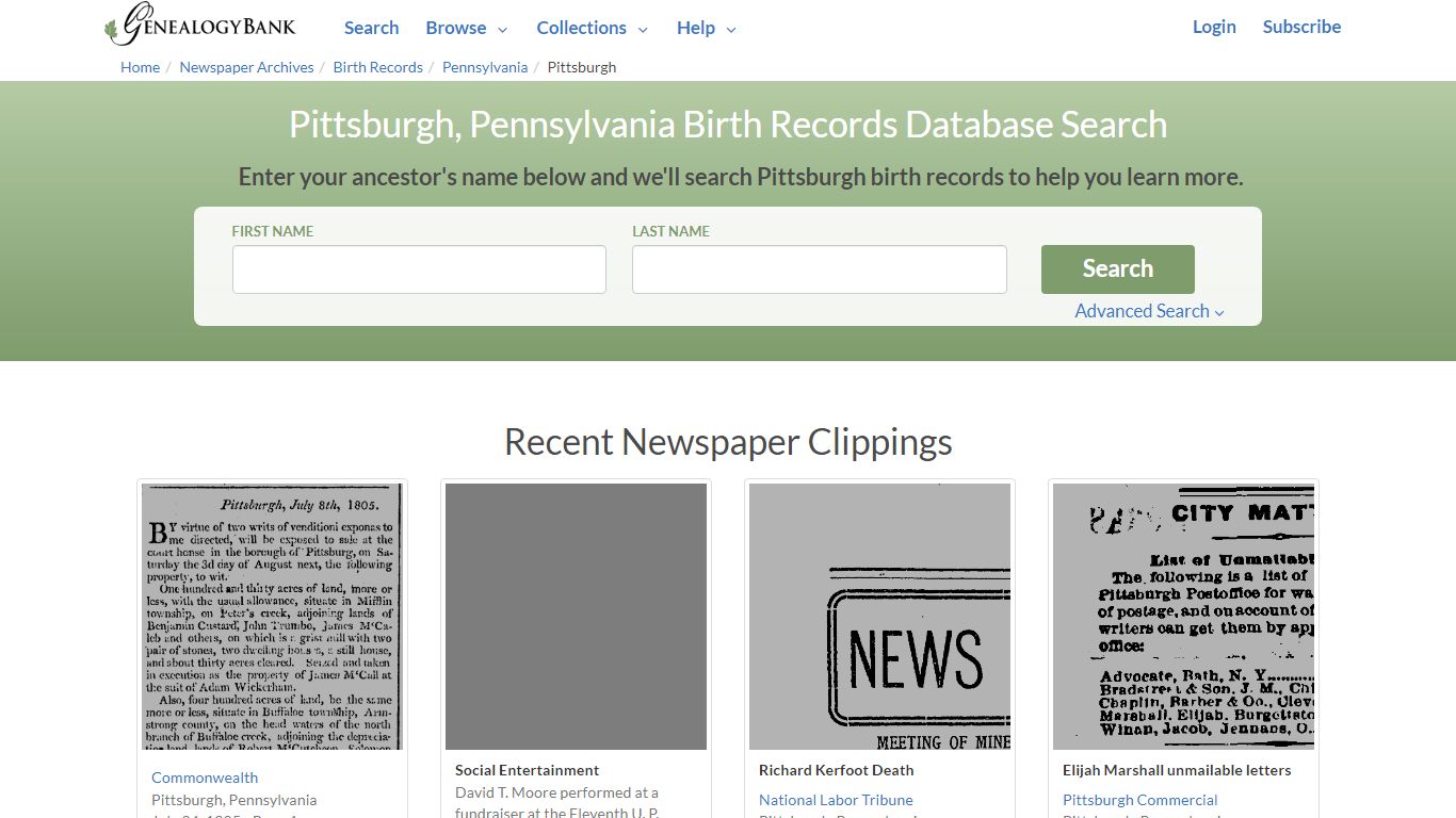 Birth Records for Pittsburgh, Pennsylvania | GenealogyBank